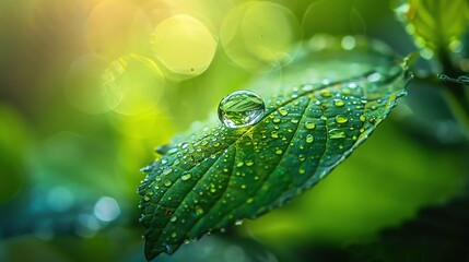 Tranquil water droplet on a leaf, a macro shot that emphasizes peace and simplicity in nature