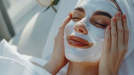 Professional spa therapist beautician applies white rejuvenating anti age lifting peeling antioxidant detox vitamin sheet mask on face of happy pretty attractive woman. copy space for text. - Powered by Adobe