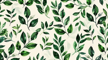 A seamless botanical watercolor illustration featuring a variety of green leaves, perfect for backgrounds, textiles, and eco-friendly concepts