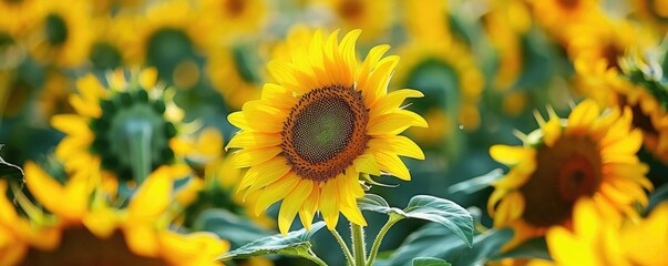 Obraz premium A stunning, golden hour image of a thriving sunflower field with a sunset backdrop. banner