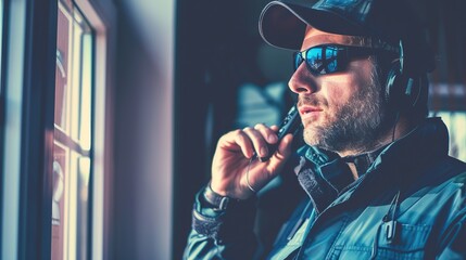 Security guard man in uniform cap, jacket and sunglasses is standing by window inside house and talking on portable wireless two way walkie talkie transceiver radio set device. copy space for text.