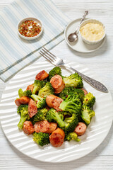 fried juicy sausage and crispy broccoli on plate
