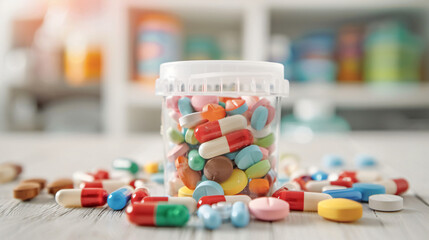 Plastic container with pills on white wooden table 