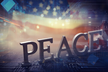 Double exposure Peace Word and abstract technology background. International conflict, American...