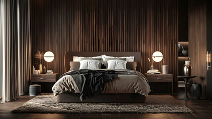 Modern Elegant Bedroom with Luxury Chandelier and Classic Paneling.