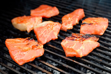 Chunks of beef meat grilled on grill grate for BBQ party