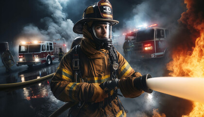 photorealistic image of a firefighter in action against the backdrop of a fire