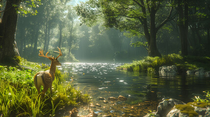 The green forest, there was a deer standing by the stream, Generative AI