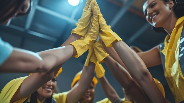 Team of service cleaning staff, home and office cleaners, giving high five with smile. Unity and teamwork during housecleaning, exchanging high five. copy space for text.