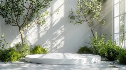white round podium display for product presentation, olive branches branch in the background