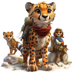 A 3D animated cartoon render of a brave cheetah guarding a group of hikers from a landslide.