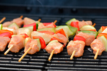 Meat and vegetable skewers on wooden skewers are laid out on the grill barbecue grate