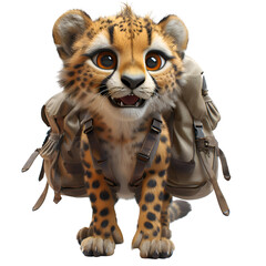 A 3D animated cartoon render of an alert cheetah warning a group of hikers about an approaching landslide.
