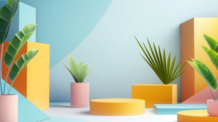 A Colorful Podium With Plants Against A Blue Background.