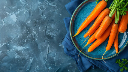 Plate of fresh carrots on blue textured background