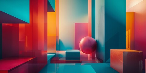 A painting of a red ball hangs on a wall in a room with a background design wallpaper. The room is well-lit, emphasizing the bold color of the ball