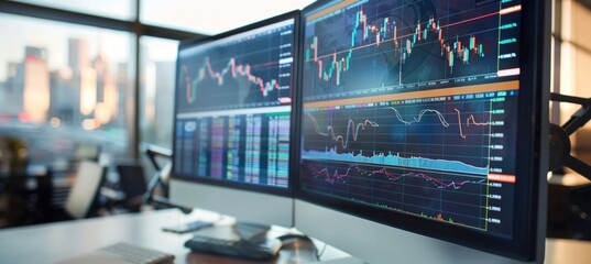 Two monitors showcasing graphs and charts in electric blue on a desk