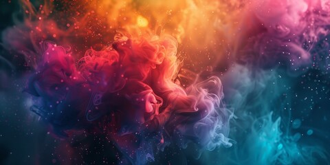 Fototapeta premium A vibrant multicolored cloud of smoke gracefully floats in the air, creating an eye-catching background design. The swirling colors form a mesmerizing pattern against a neutral backdrop