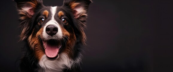 Studio photo of a happy Border Collie dog. Studio lighting, studio backdrop, white, brown and black...