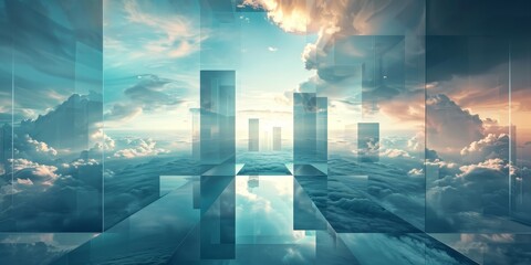 An abstract representation of a city floating in the sky, showcasing modern buildings and futuristic structures against a surreal background design