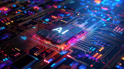 Obraz premium Artificial intelligence chip concept attached to digital circuit board, Generative Ai illustration
