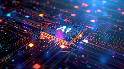 Artificial intelligence chip concept attached to digital circuit board, Generative Ai illustration