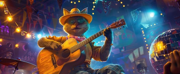 The cat musician in a yellow hat and a bow tie plays the acoustic guitar near a disco mirror ball on the stage of the nightclub.