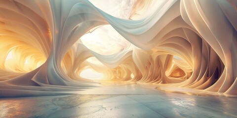 The room is expansive and filled with white walls. The minimalist design creates a clean and bright atmosphere. The space appears open and uncluttered, making it feel serene and modern