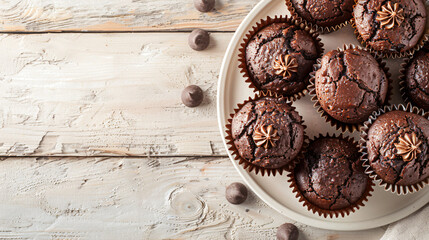 Plate with delicious chocolate muffins on beige wooden