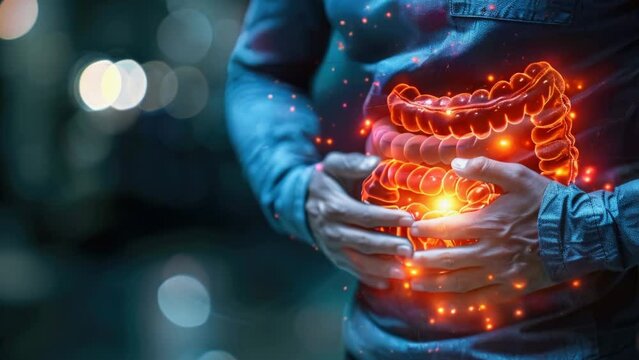 Man Suffering From disease in stomach acid Pain. Healthcare concept. Intestines visible as on x-ray. Unhealthy sick person stomachache. Painful syndrome. Problem inside gut. Discomfort. Food poisoning
