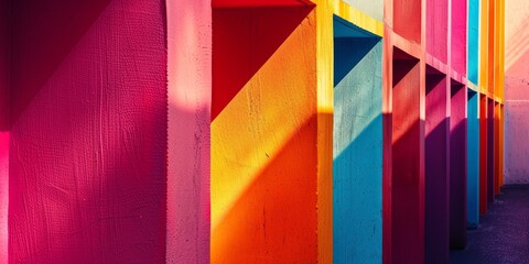Fototapeta premium A row of wooden benches of various colors are arranged side by side. The benches are placed in a linear fashion, creating a visually appealing design