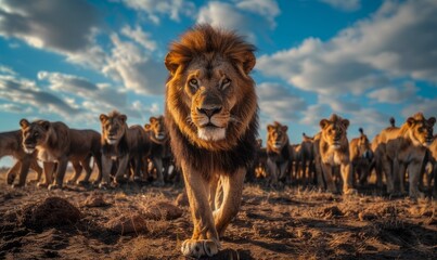 A majestic lion walking in front of an impressive group of lions, showcasing its strength and beauty under the dramatic light of dusk