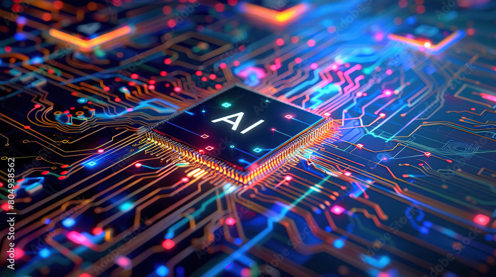 Fototapete artificial intelligence chip concept attached to digital circuit board, generative ai illustration