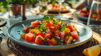 Plate with delicious watermelon salad on table closeup