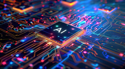 Artificial intelligence chip concept attached to digital circuit board, Generative Ai illustration
