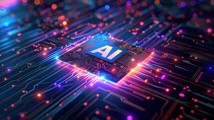 Artificial intelligence chip concept attached to digital circuit board, Generative Ai illustration
