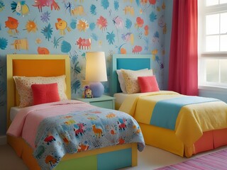 bed with pillows. Little kids Bedroom trend 2024 year. Modern luxury room interior home or kids room.3d render
