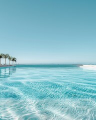 Fototapeta premium Infinity pool with palm trees near the ocean under a cloudy sky