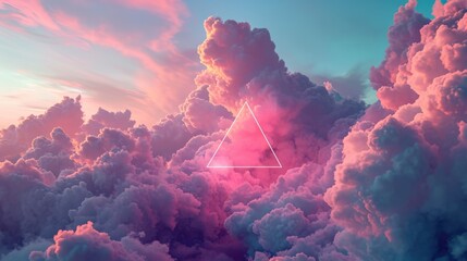 The great pink neon floating triangle beyond the sky that surrounded with cloudscape at the dawn or dusk time of the day that shine neon light and bright to the every part of the endless sky. AIGX03.