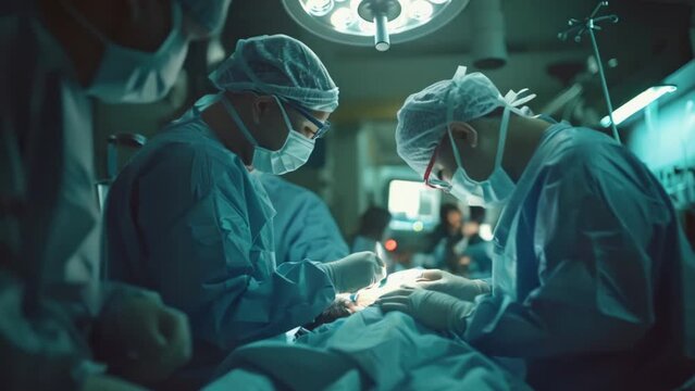 Cooperating team of doctors and surgeons processing surgical operation in operating room modern hospital emergency department. Heart surgery. Nurse stands at the table with instruments.