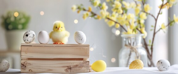 Wooden box with cute little chick and eggs on white table