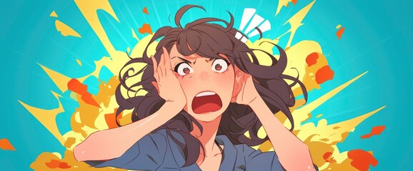 A young brunette woman in casual clothes making a brain explosion gesture, depicted in a cartoon , Anime Background Images