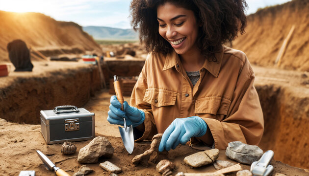 female African American archaeologist at an excavation site, showing mixture of excitement and focus