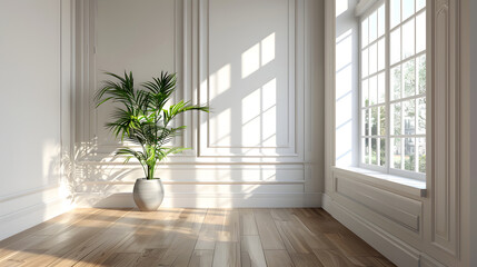 Obraz premium Bright and Airy Room with Large Windows and Herringbone Wooden Floor: A Modern, Inviting Space with Natural Light and a Touch of Greenery.