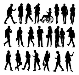 Silhouettes of diverse business people standing, walking, men, women full length, disabled persons sitting in wheelchair. Inclusive business concept. Vector illustration on transparent background.
