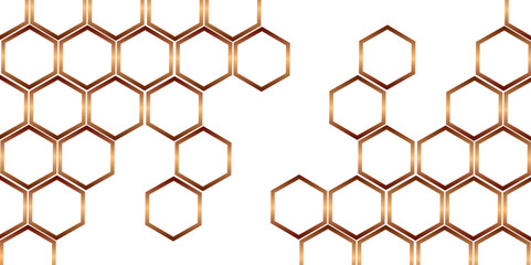 White Hexagonal background with golden light. Hexagon technology white and gold colored honeycomb abstract background. Dark 3d geometric texture illustration. Bright grid pattern. 