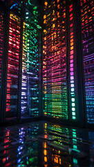 A spectrum of colorful lights fills the data center server room, creating an electrifying atmosphere.