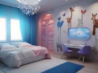 interior of a bedroom. Little kids Bedroom trend 2024 year. Modern luxury room interior home or kids room.room for twins kids.3d render
