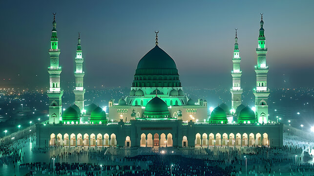 Milad-ul-Nabi Mubarak card with dome and minaret of Masjid Nabawi in dark background Prophet Muhammad's Birthday High quality photo