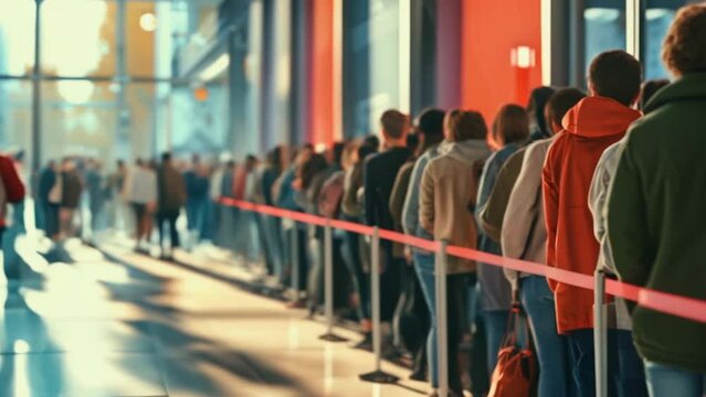 Long queue at store. Many people stand in line behind the red ribbon. Men group wait indoor. Public crowd. Women and men stand behind each other. Consumerism concept.
